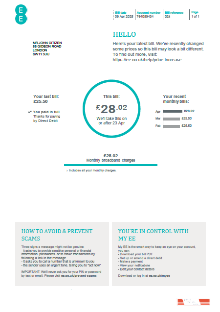 United Kingdom EE utility bill template in Word and PDF formats